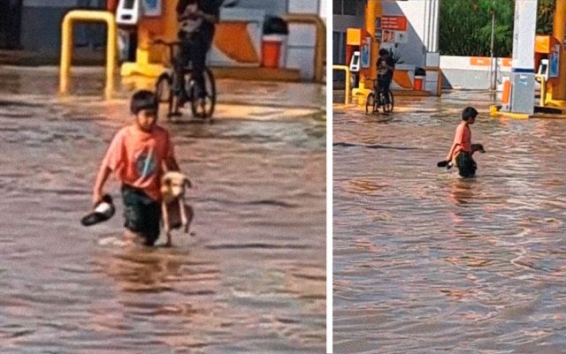 Dečak spasava psa iz poplave